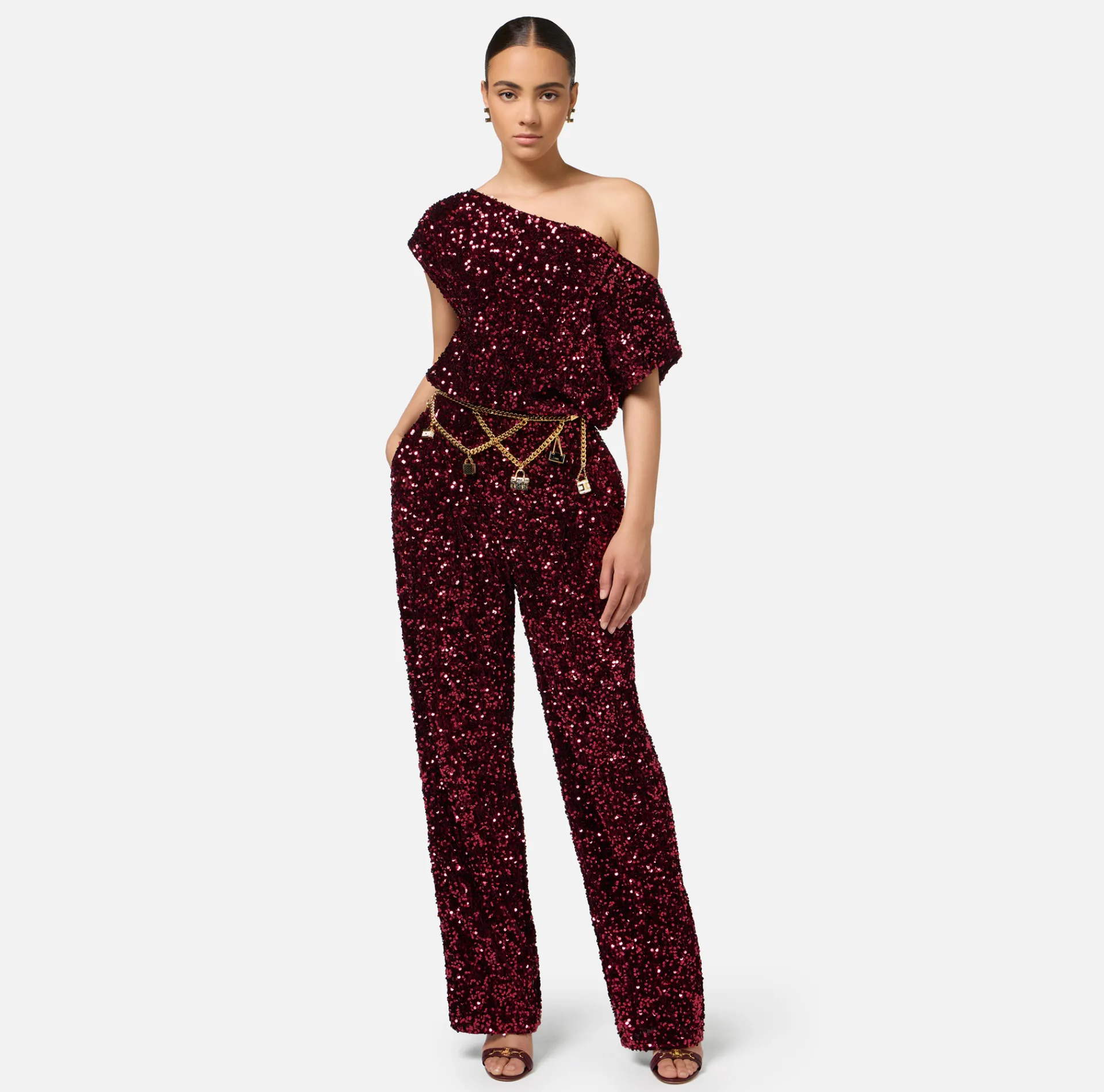 Elisabetta Franchi Jumpsuits|Sequin-embroidered chenille jumpsuit RougeNoir