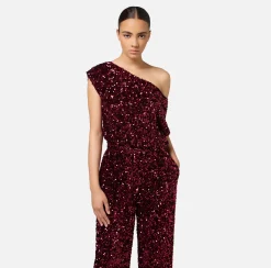 Elisabetta Franchi Jumpsuits|Sequin-embroidered chenille jumpsuit RougeNoir