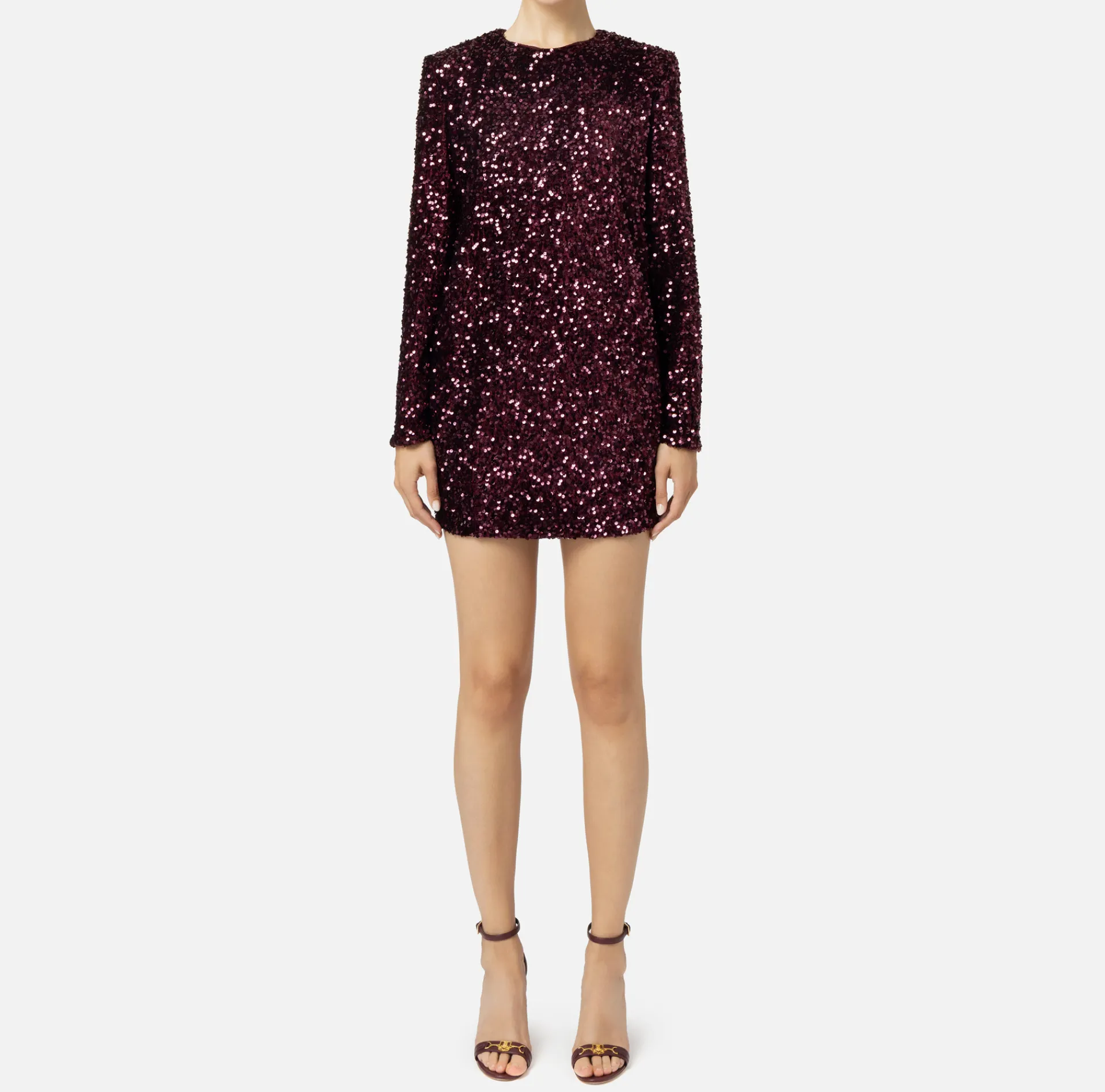 Elisabetta Franchi Red Carpet Dresses|Mini Dresses|Sequin-embroidered chenille boxy mini-dress RougeNoir