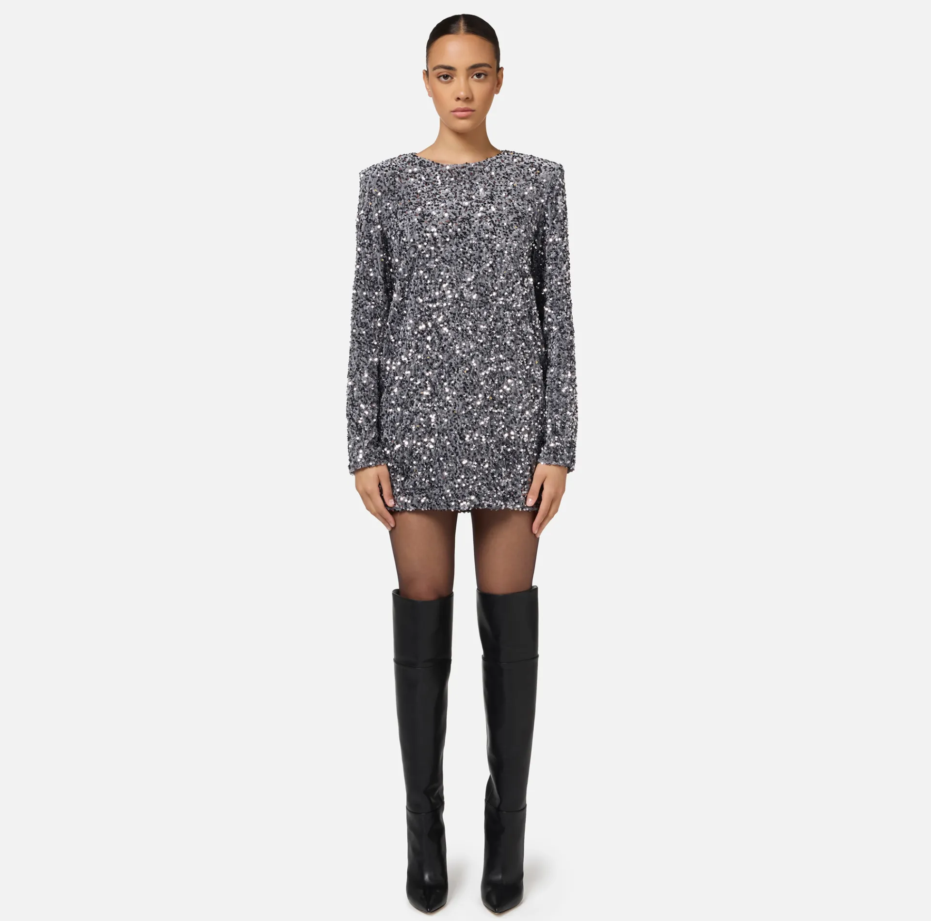 Elisabetta Franchi Red Carpet Dresses|Mini Dresses|Sequin-embroidered chenille boxy mini-dress Steel