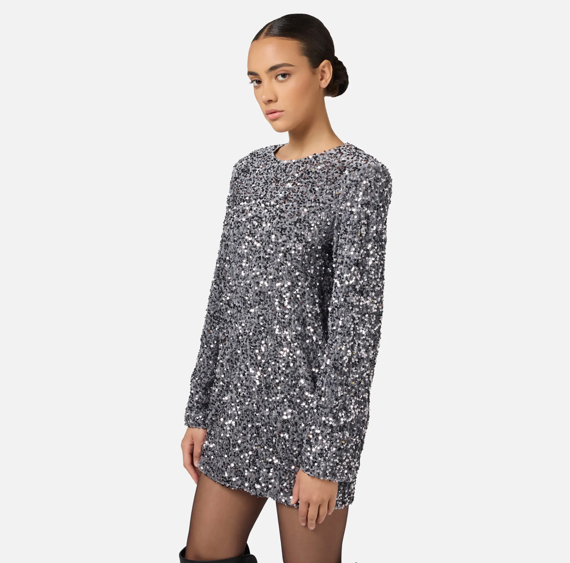 Elisabetta Franchi Red Carpet Dresses|Mini Dresses|Sequin-embroidered chenille boxy mini-dress Steel