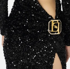 Elisabetta Franchi Red Carpet Dresses|Red Carpet|Sequin-embroidered chenille red carpet dress Black