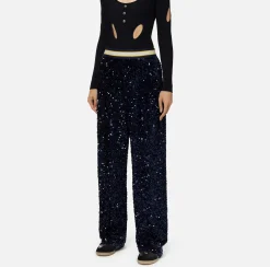 Elisabetta Franchi Trousers And Shorts|Tailleur|Sequin-embroidered chenille trousers Navy