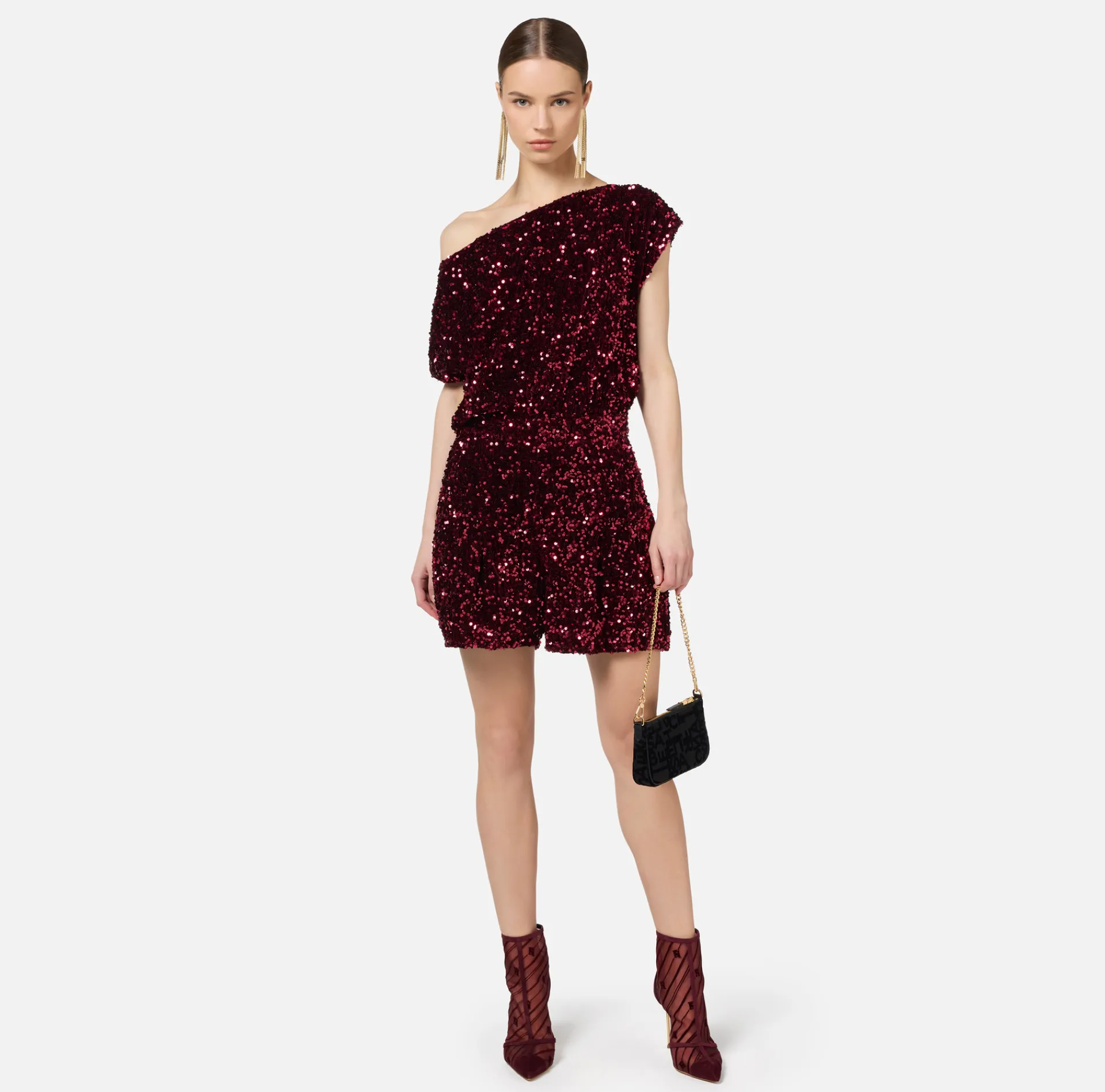 Elisabetta Franchi Jumpsuits|Sequin-embroidered chenille romper RougeNoir
