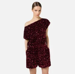 Elisabetta Franchi Jumpsuits|Sequin-embroidered chenille romper RougeNoir