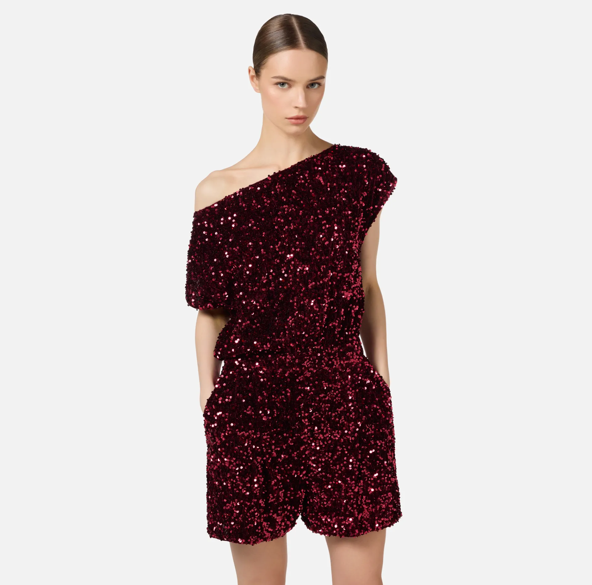 Elisabetta Franchi Jumpsuits|Sequin-embroidered chenille romper RougeNoir