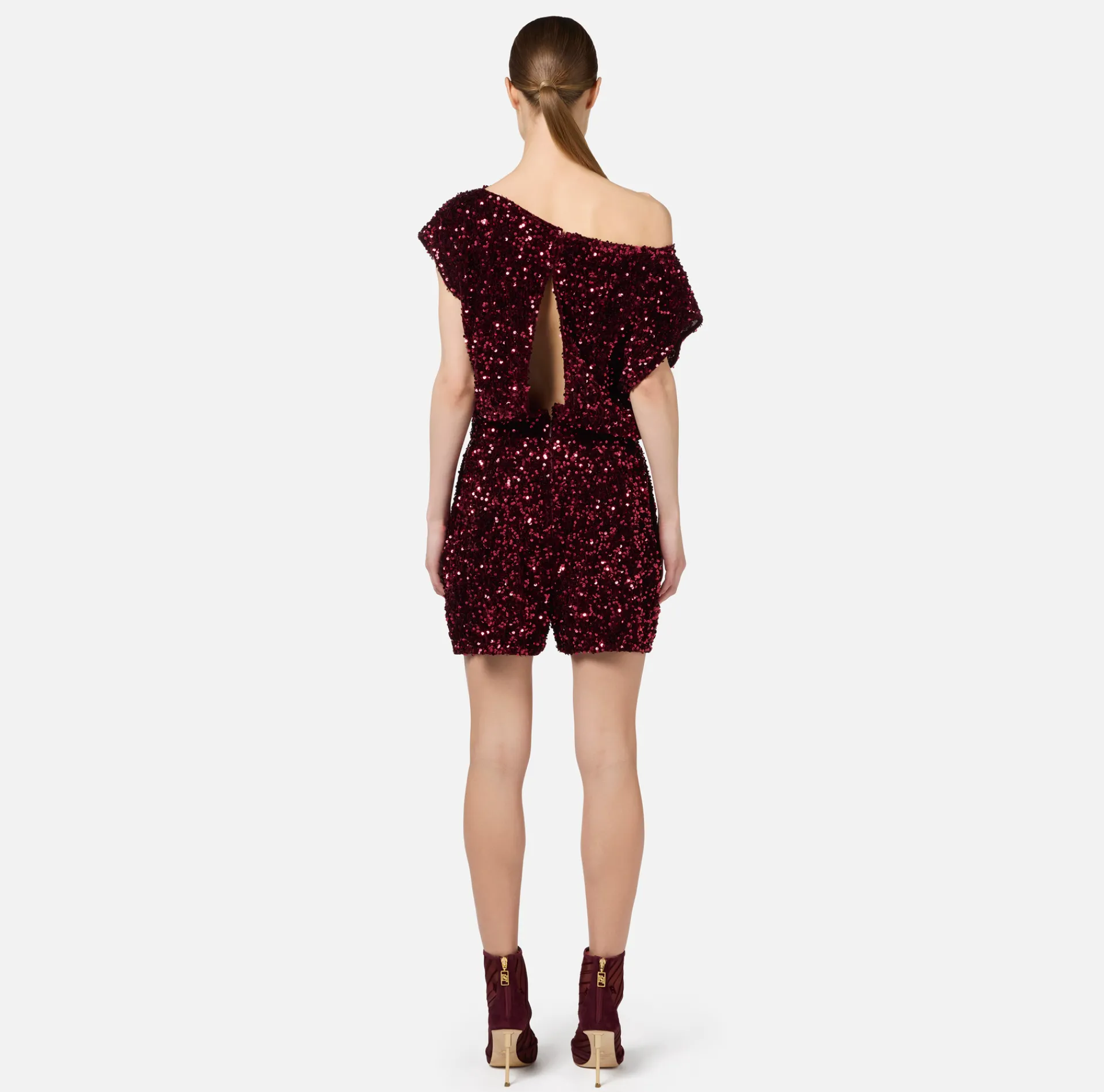 Elisabetta Franchi Jumpsuits|Sequin-embroidered chenille romper RougeNoir
