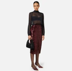 Elisabetta Franchi Dresses|Midi Dresses|Sequin-embroidered georgette silk midi dress Black/RougeNoir