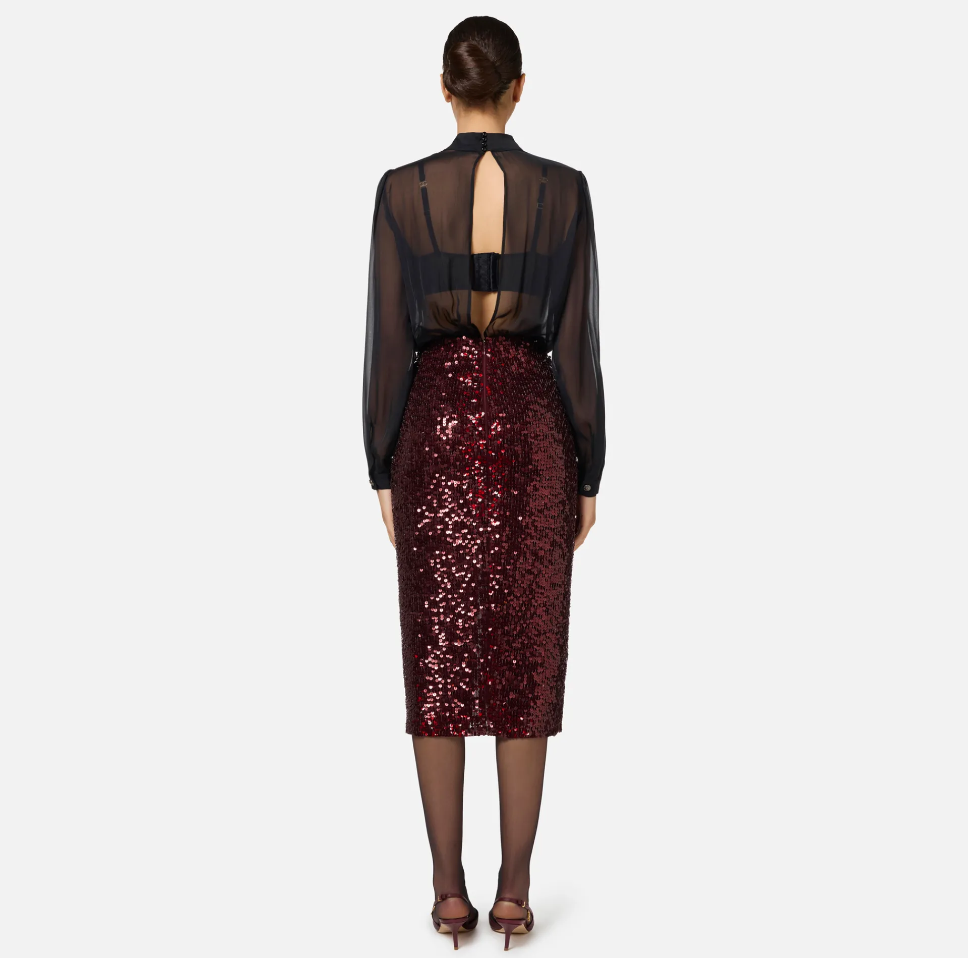 Elisabetta Franchi Dresses|Midi Dresses|Sequin-embroidered georgette silk midi dress Black/RougeNoir
