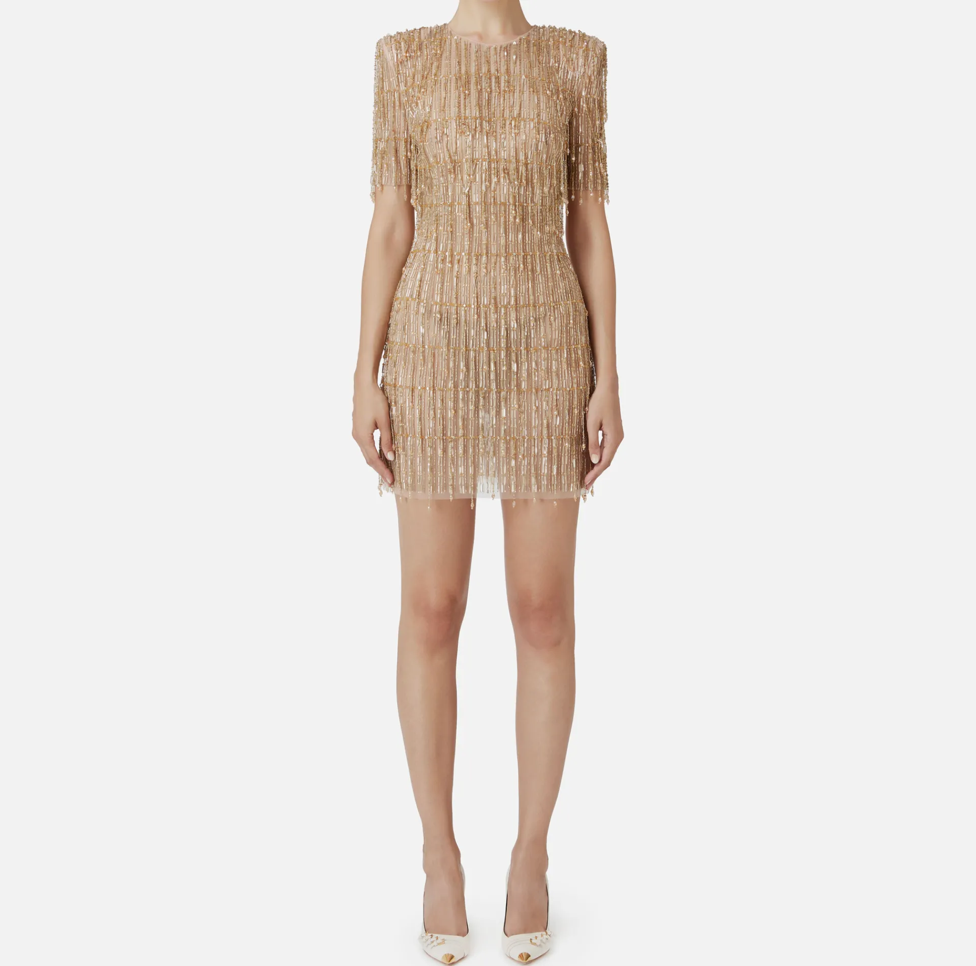 Elisabetta Franchi Red Carpet Dresses|Mini Dresses|Sequin-embroidered tulle boxy mini-dress Gold