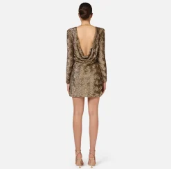 Elisabetta Franchi Dresses|Red Carpet Dresses|Sequin-embroidered tulle boxy mini-dress Camel