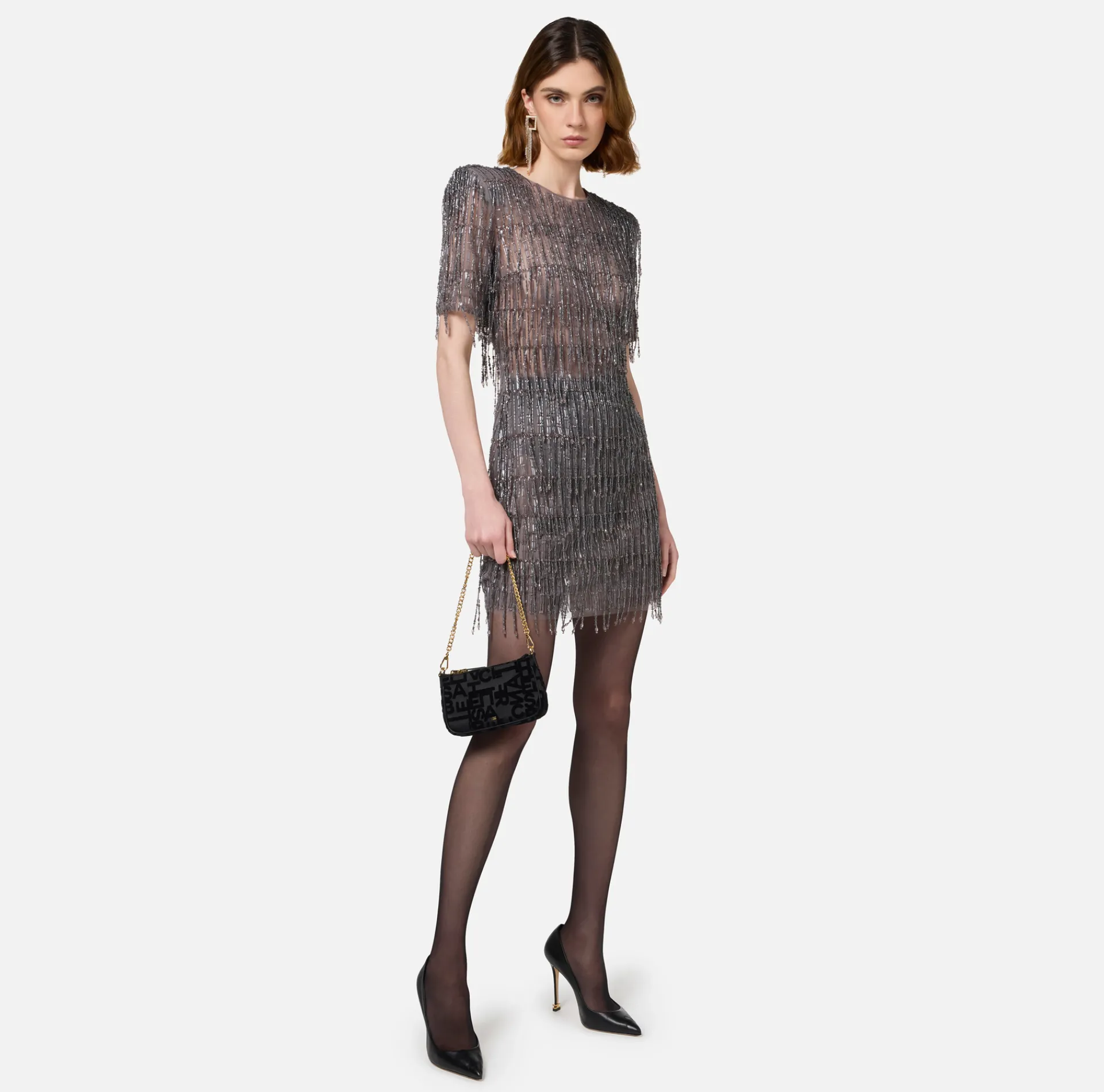 Elisabetta Franchi Red Carpet Dresses|Mini Dresses|Sequin-embroidered tulle boxy mini-dress