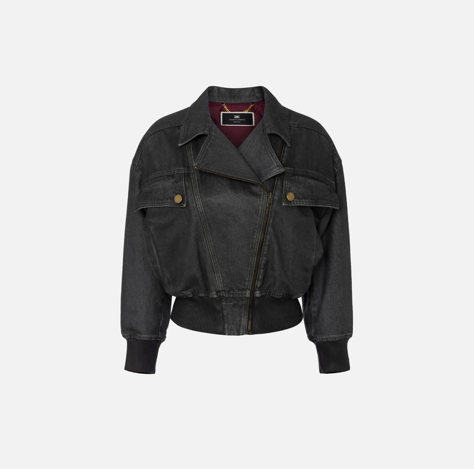 Elisabetta Franchi Jackets And Trench Coats|Shiny crackle denim jacket Steel