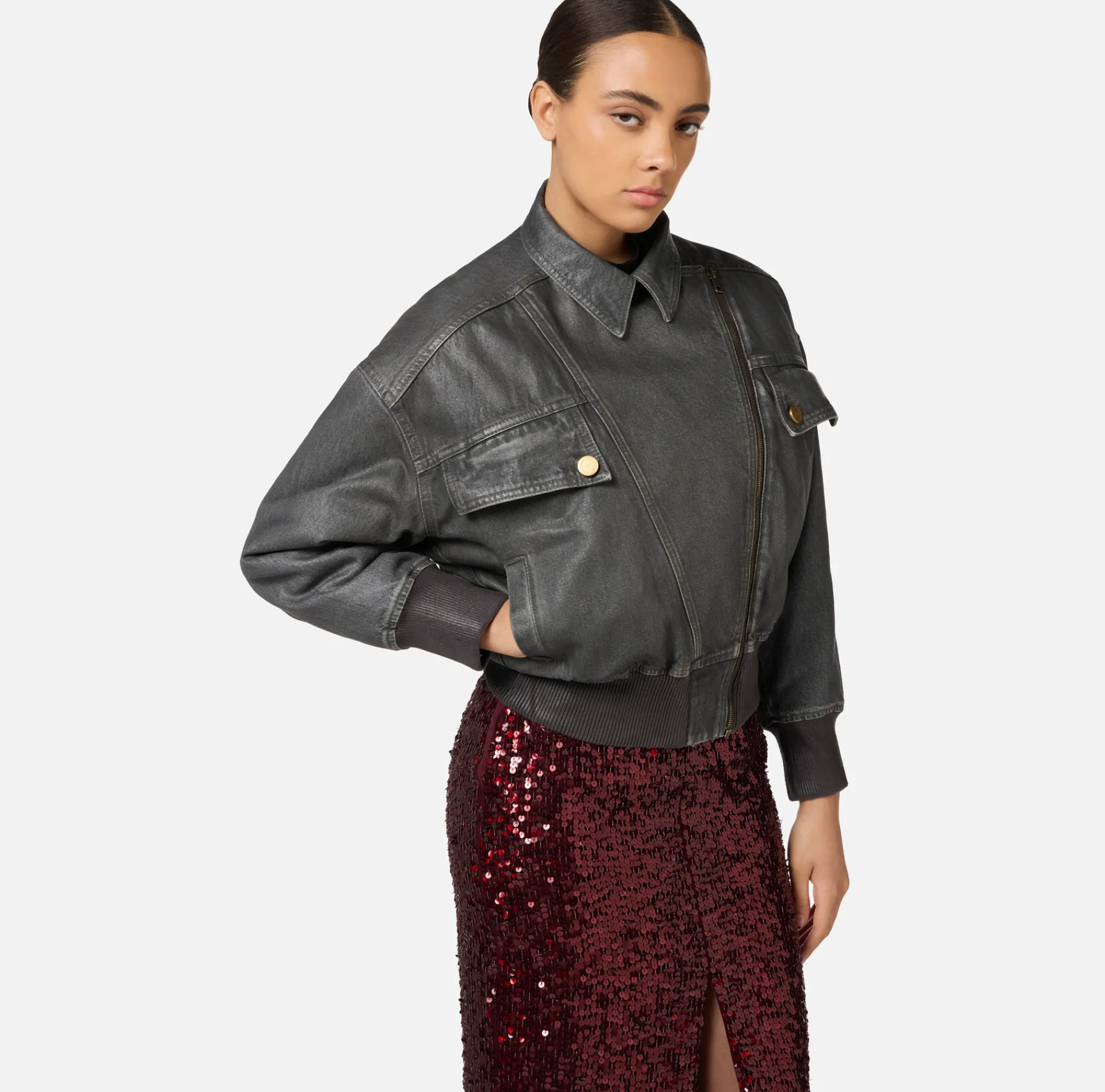 Elisabetta Franchi Jackets And Trench Coats|Shiny crackle denim jacket Steel
