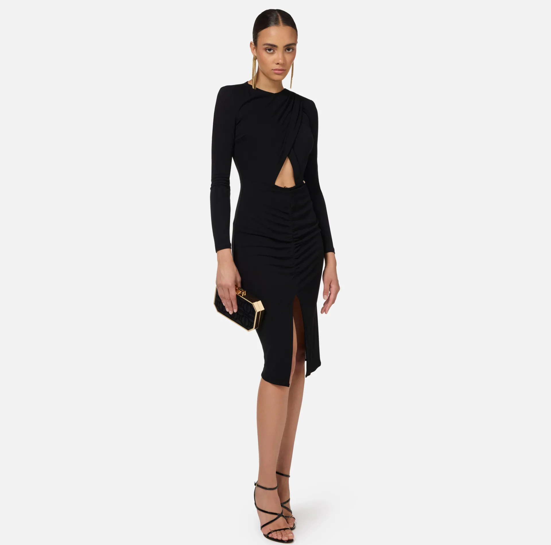 Elisabetta Franchi Midi Dresses|Dresses|Shiny jersey midi dress with draping Black