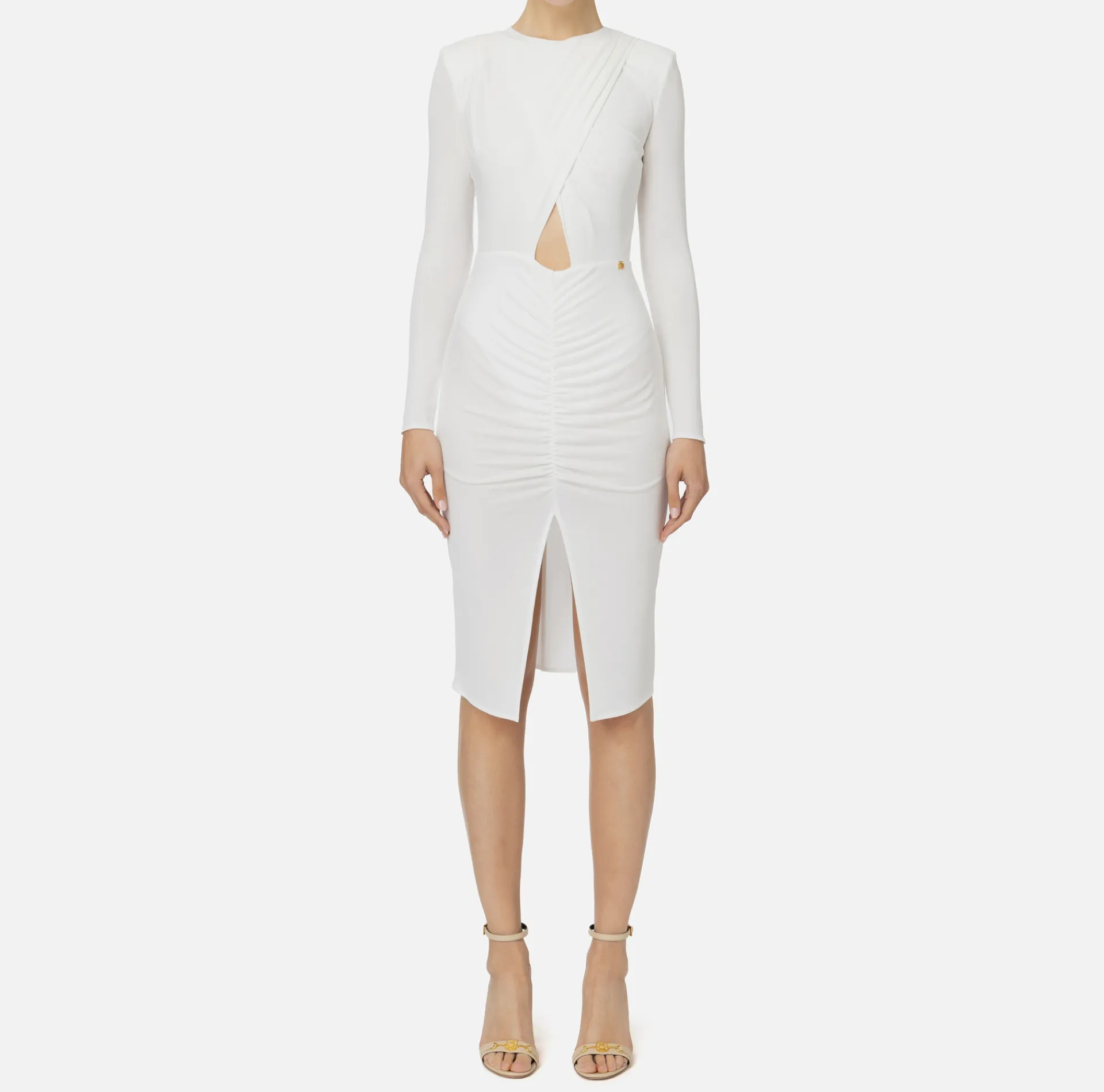 Elisabetta Franchi Midi Dresses|Dresses|Shiny jersey midi dress with draping Ivory