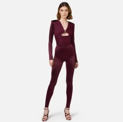 Elisabetta Franchi Jumpsuits|Shiny Lycra jumpsuit with pleated inserts RougeNoir