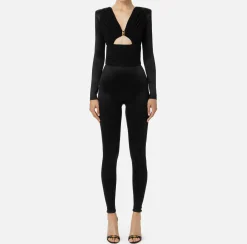 Elisabetta Franchi Jumpsuits|Shiny Lycra jumpsuit with pleated inserts Black