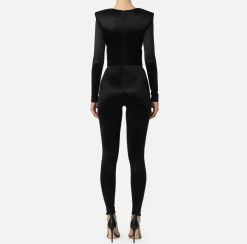 Elisabetta Franchi Jumpsuits|Shiny Lycra jumpsuit with pleated inserts Black