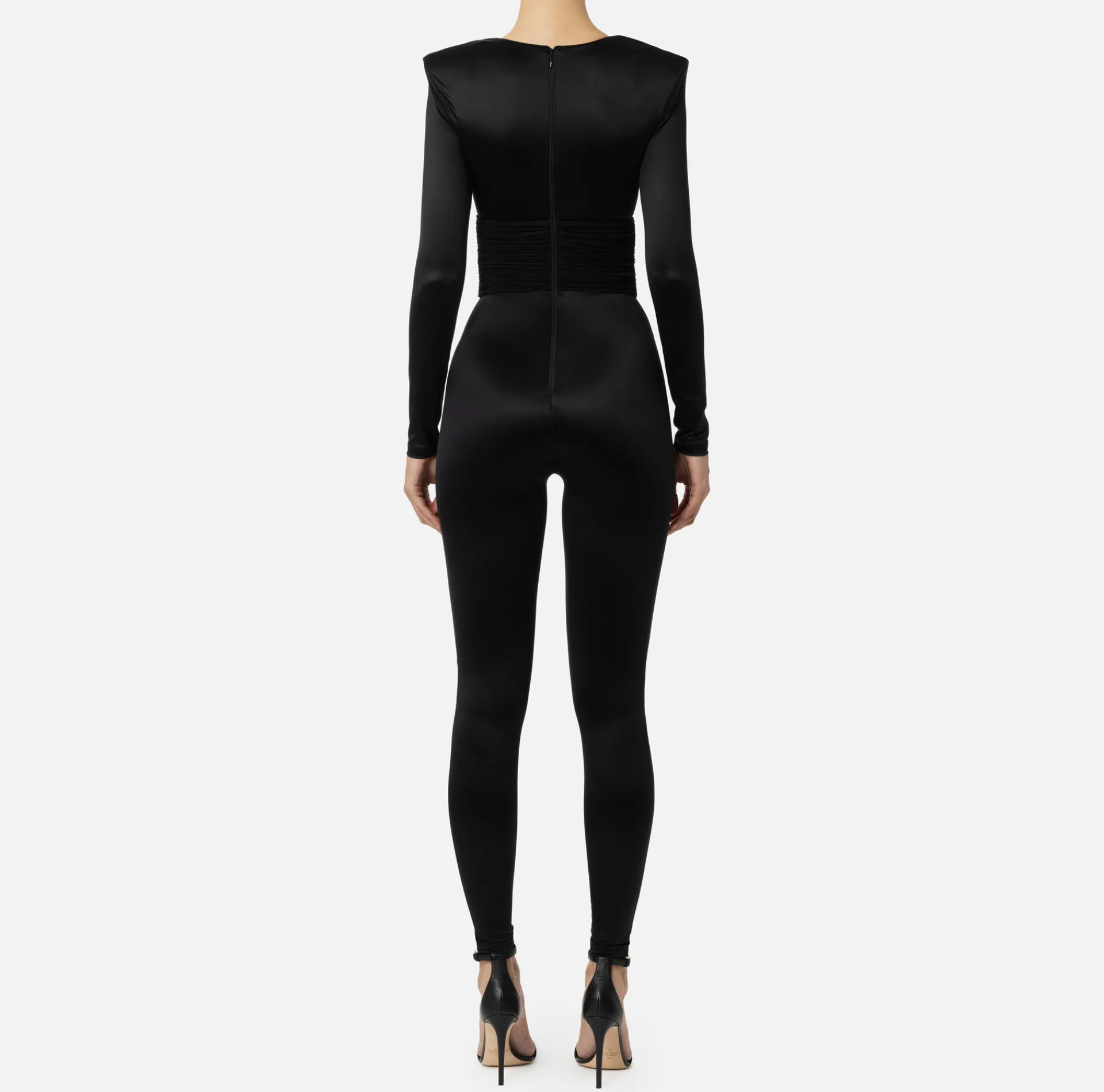 Elisabetta Franchi Jumpsuits|Shiny Lycra jumpsuit with pleated inserts Black
