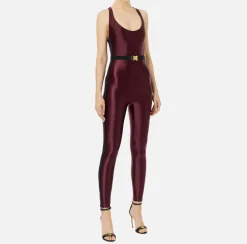 Elisabetta Franchi Jumpsuits|Shiny Lycra jumpsuit with logoed elastic RougeNoir
