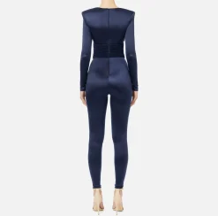 Elisabetta Franchi Jumpsuits|Shiny Lycra jumpsuit with pleated inserts Navy