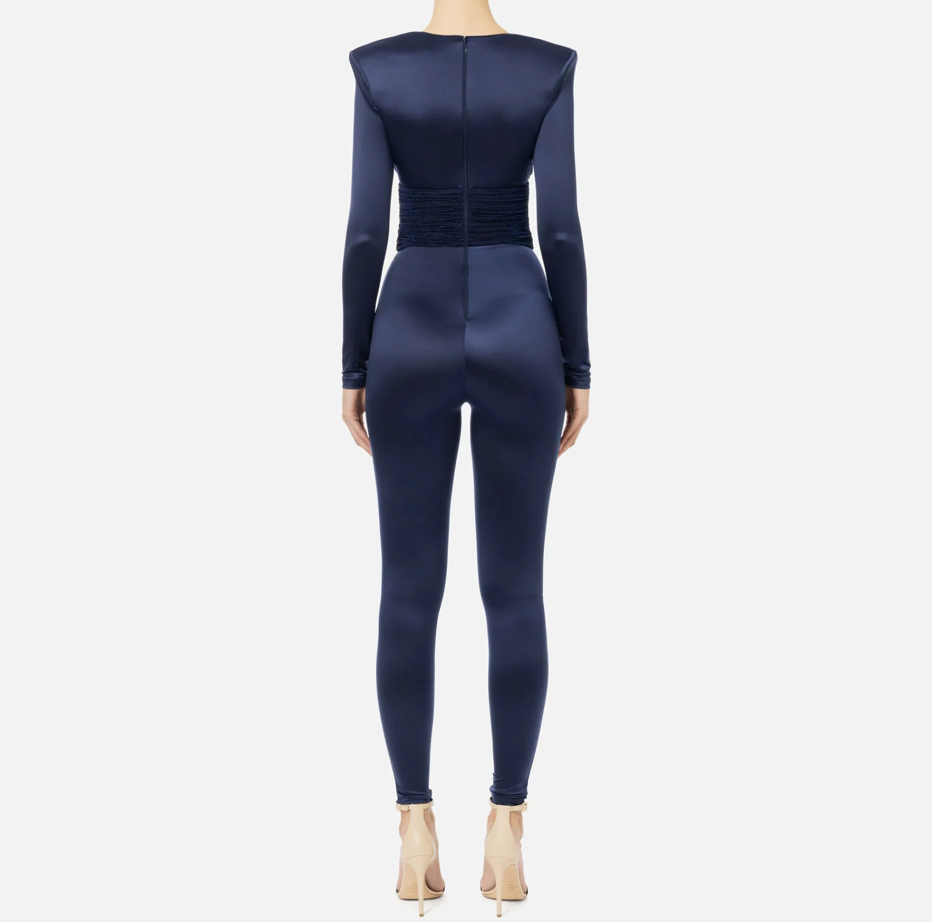 Elisabetta Franchi Jumpsuits|Shiny Lycra jumpsuit with pleated inserts Navy