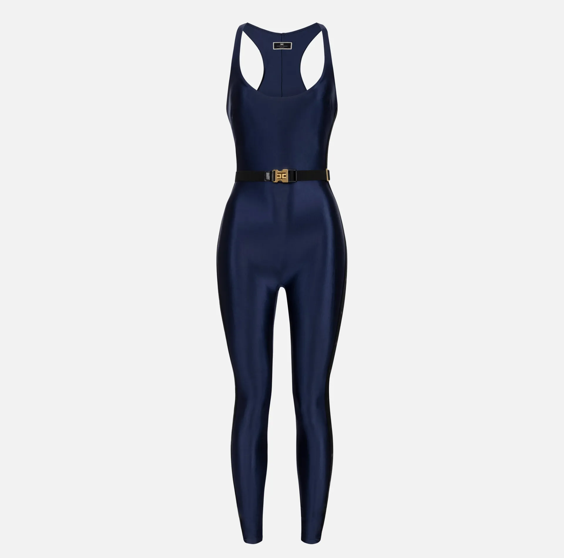 Elisabetta Franchi Jumpsuits|Shiny Lycra jumpsuit with logoed elastic Navy