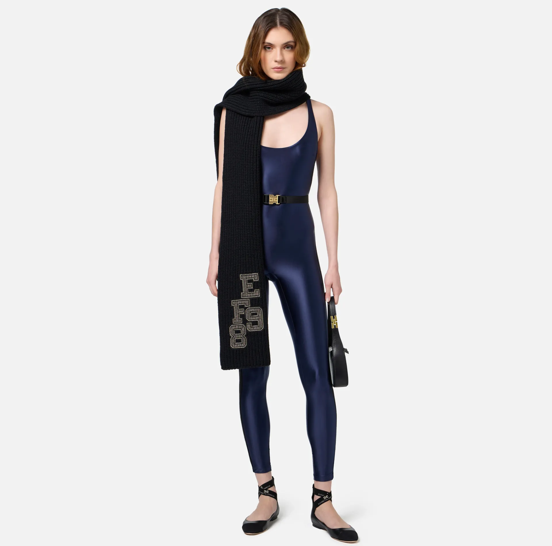 Elisabetta Franchi Jumpsuits|Shiny Lycra jumpsuit with logoed elastic Navy