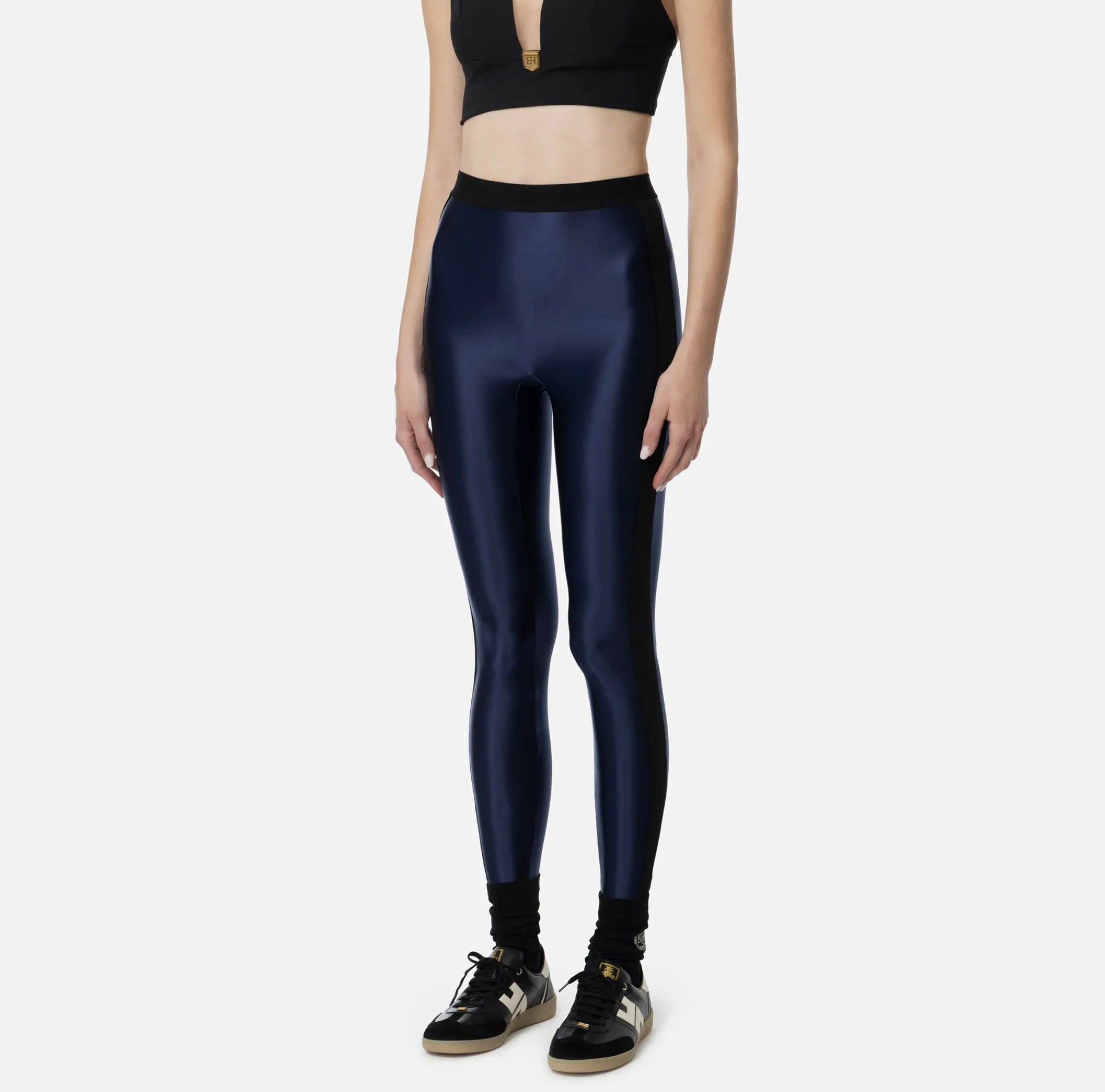 Elisabetta Franchi Trousers And Shorts|Shiny Lycra leggings with logoed elastic Navy