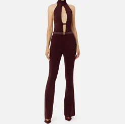 Elisabetta Franchi Jumpsuits|Shiny viscose jumpsuit with belt RougeNoir