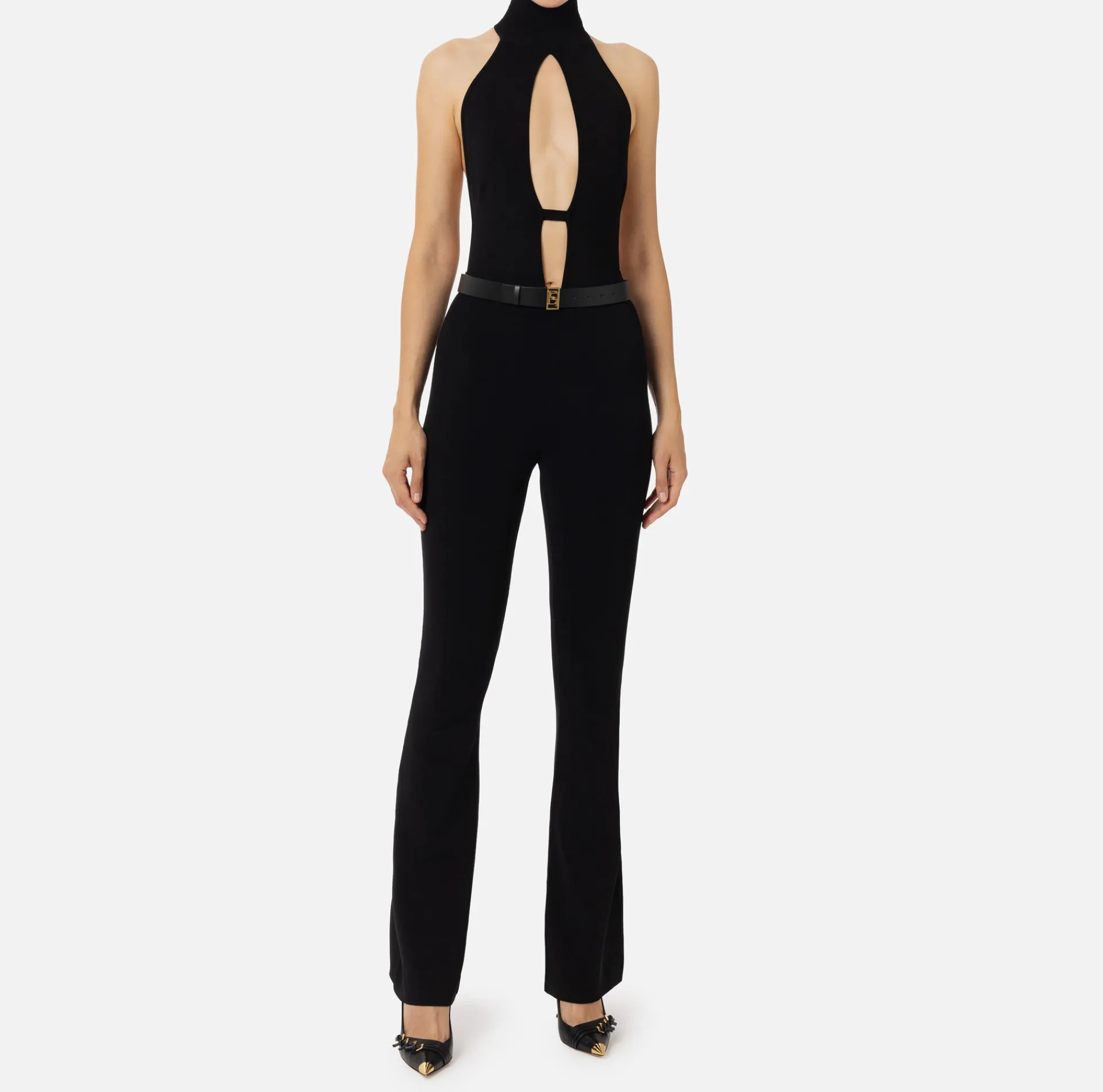 Elisabetta Franchi Jumpsuits|Shiny viscose jumpsuit with belt Black
