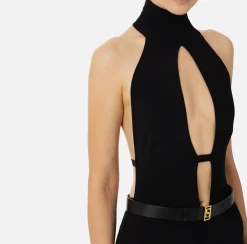 Elisabetta Franchi Jumpsuits|Shiny viscose jumpsuit with belt Black