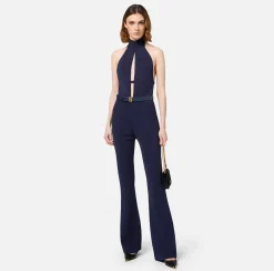 Elisabetta Franchi Jumpsuits|Shiny viscose jumpsuit with belt Navy