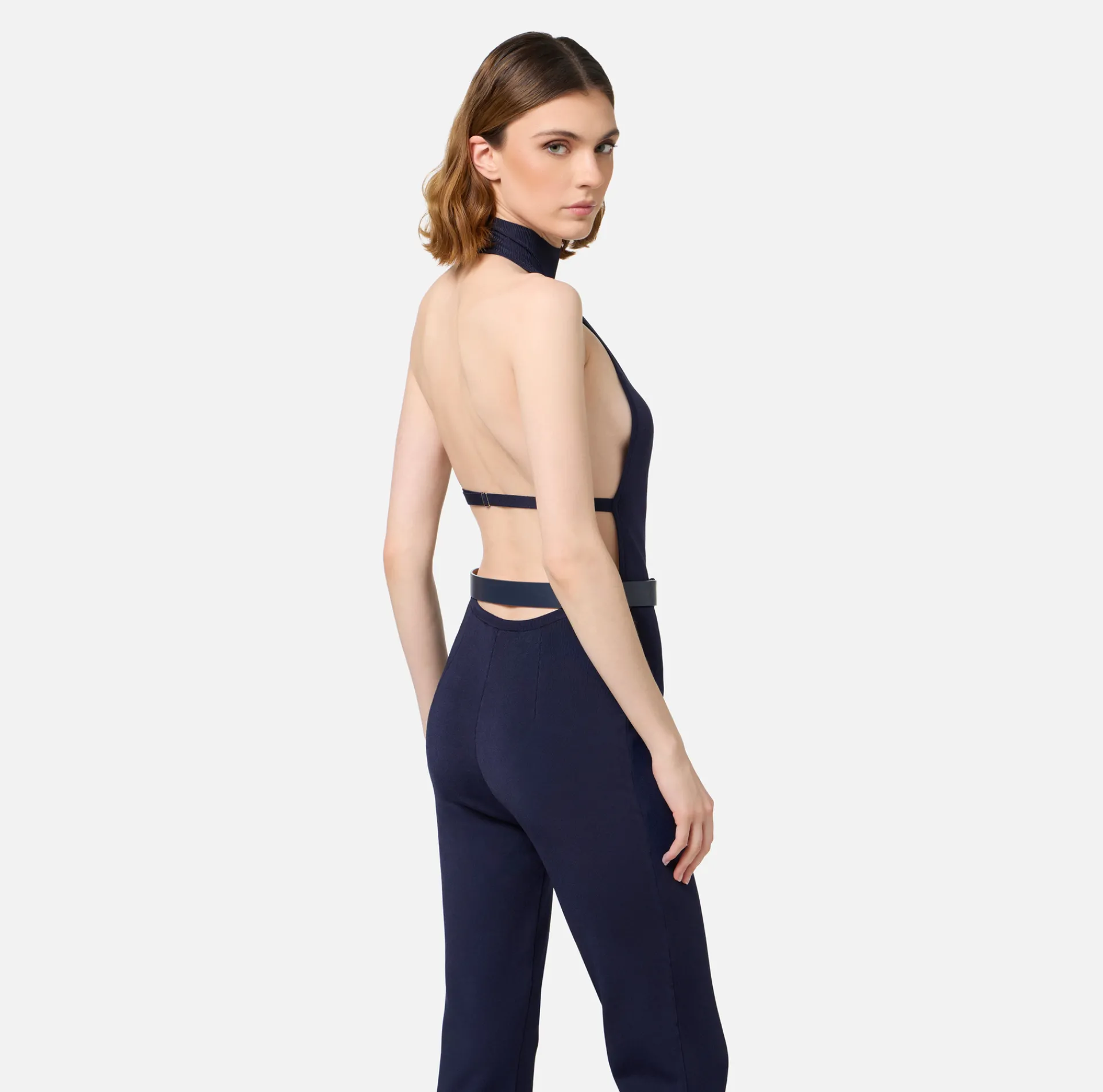 Elisabetta Franchi Jumpsuits|Shiny viscose jumpsuit with belt Navy