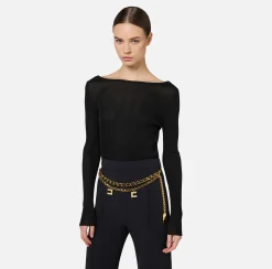 Elisabetta Franchi Knitwear And Sweatshirts|Shirt in pleated rib viscose fabric Black