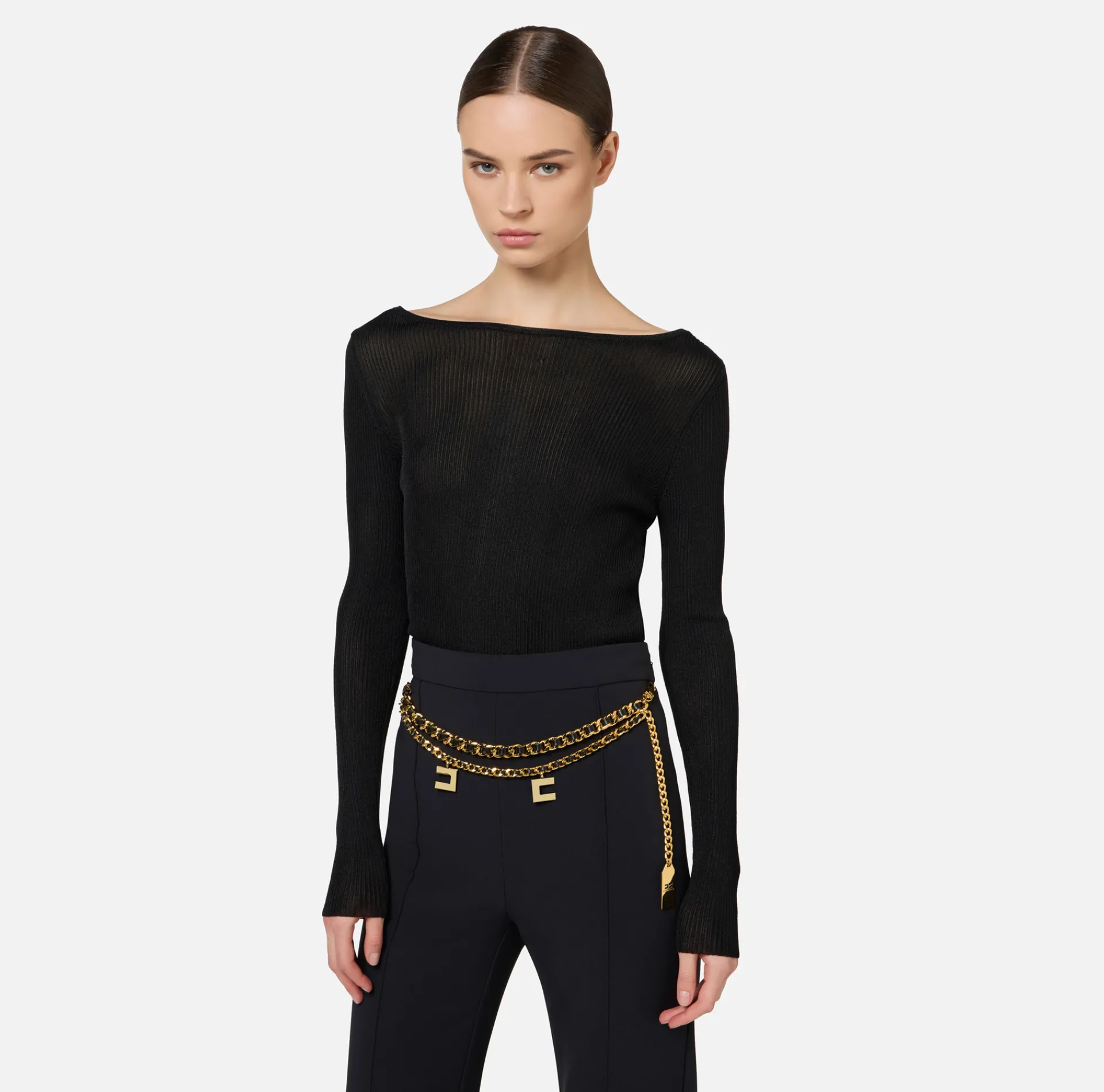 Elisabetta Franchi Knitwear And Sweatshirts|Shirt in pleated rib viscose fabric Black