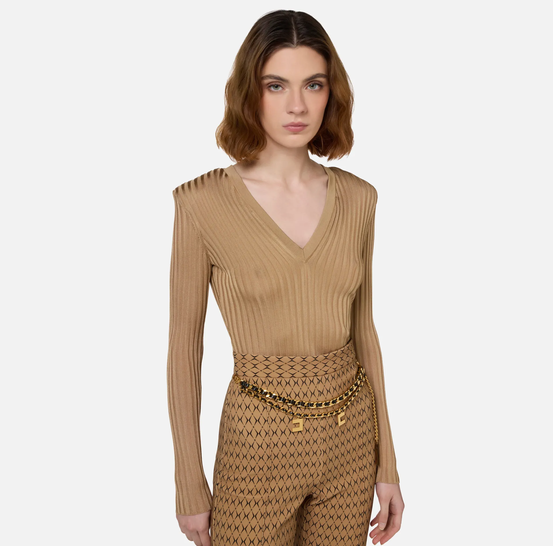 Elisabetta Franchi Knitwear And Sweatshirts|Shirt in ribbed viscose fabric Camel
