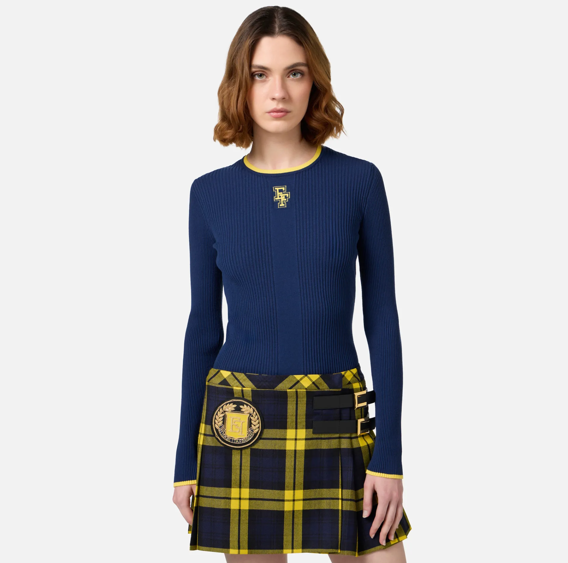 Elisabetta Franchi Knitwear And Sweatshirts|Shirt in viscose fabric with college-style logo Navy/Mimosa