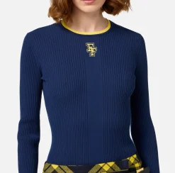 Elisabetta Franchi Knitwear And Sweatshirts|Shirt in viscose fabric with college-style logo Navy/Mimosa