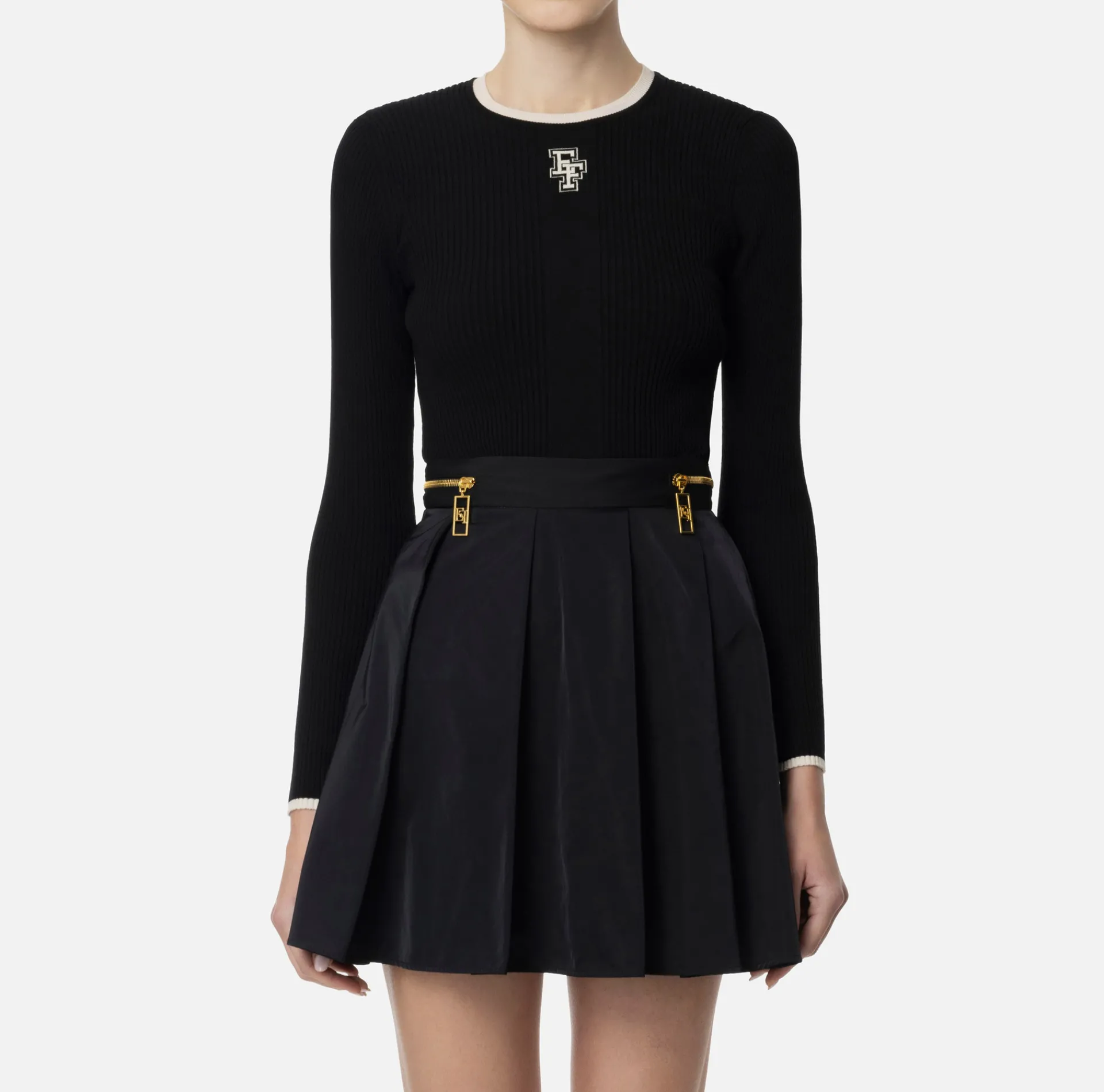 Elisabetta Franchi Knitwear And Sweatshirts|Shirt in viscose fabric with college-style logo Black/Butter
