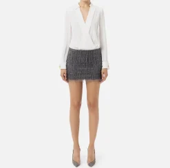 Elisabetta Franchi Red Carpet Dresses|Mini Dresses|Shirt mini-dress with sequin-embroidered skirt Ivory/Steel
