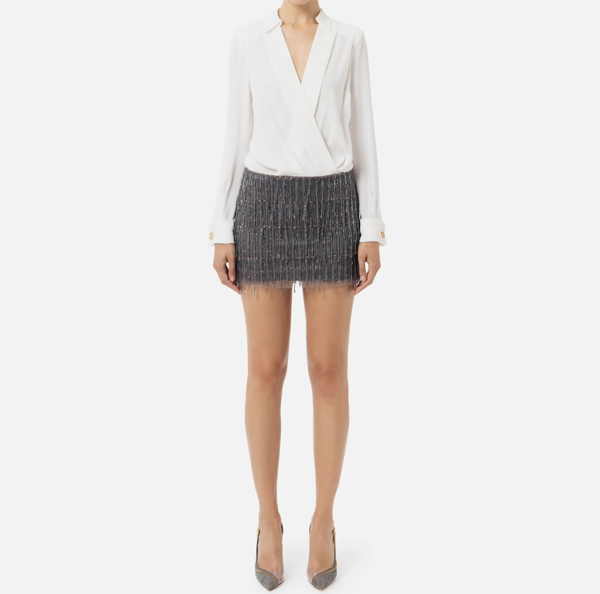 Elisabetta Franchi Red Carpet Dresses|Mini Dresses|Shirt mini-dress with sequin-embroidered skirt Ivory/Steel