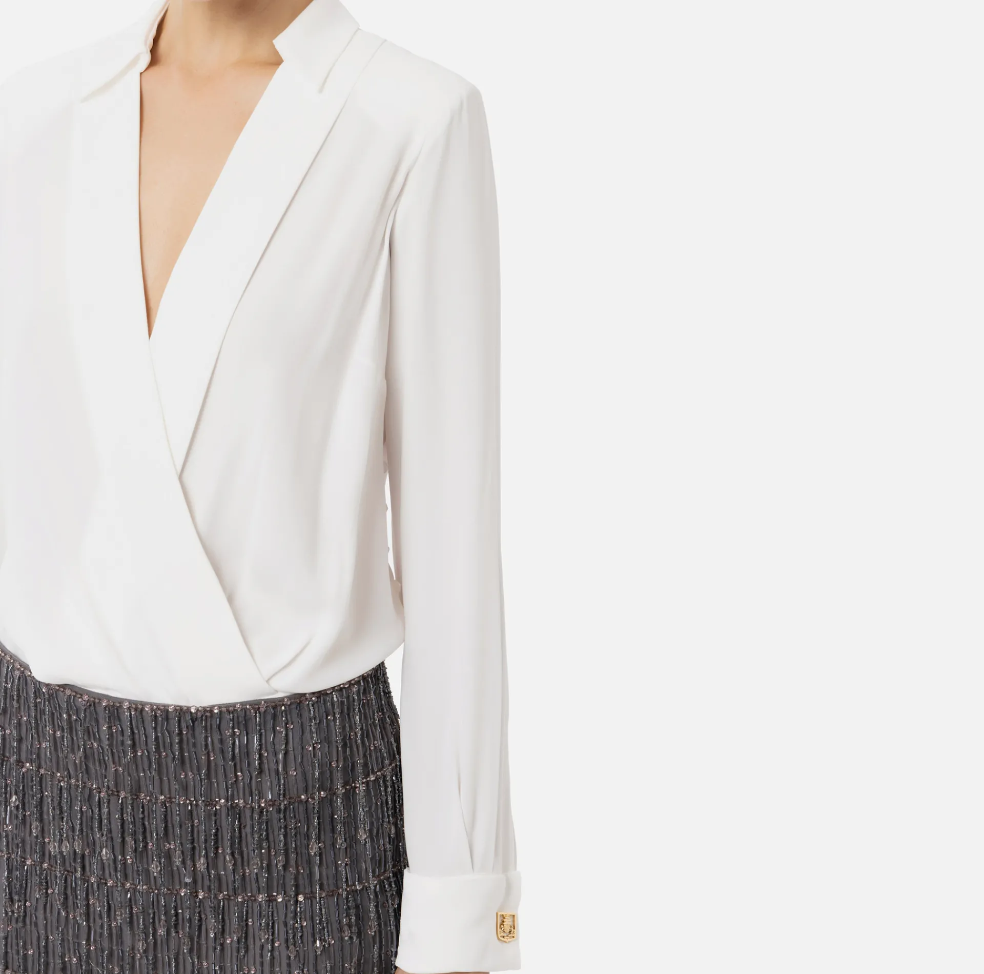 Elisabetta Franchi Red Carpet Dresses|Mini Dresses|Shirt mini-dress with sequin-embroidered skirt Ivory/Steel