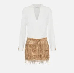 Elisabetta Franchi Red Carpet Dresses|Mini Dresses|Shirt mini-dress with sequin-embroidered skirt Ivory/Gold