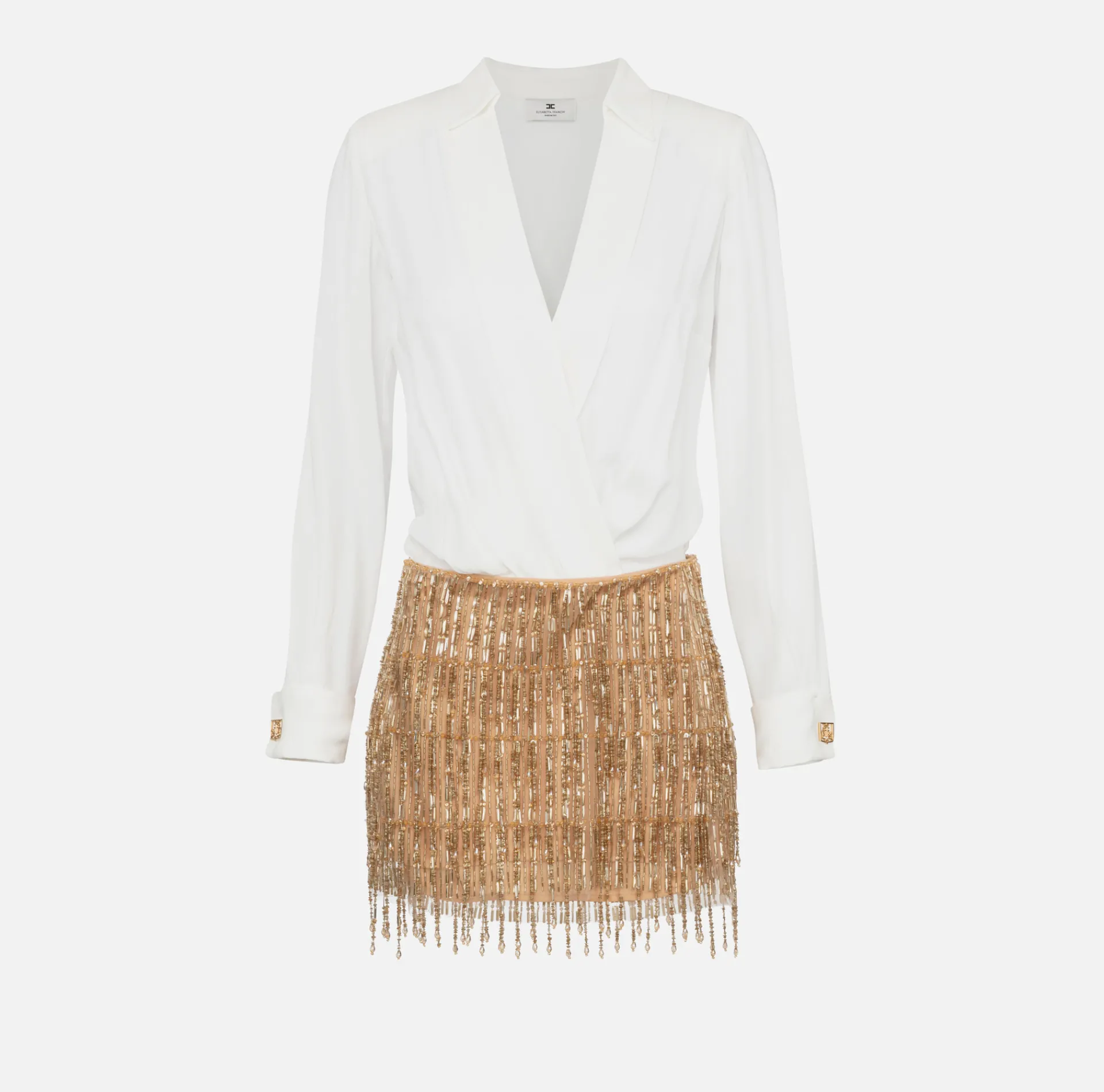 Elisabetta Franchi Red Carpet Dresses|Mini Dresses|Shirt mini-dress with sequin-embroidered skirt Ivory/Gold