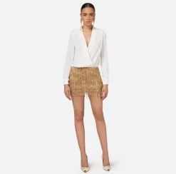 Elisabetta Franchi Red Carpet Dresses|Mini Dresses|Shirt mini-dress with sequin-embroidered skirt Ivory/Gold