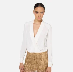 Elisabetta Franchi Red Carpet Dresses|Mini Dresses|Shirt mini-dress with sequin-embroidered skirt Ivory/Gold