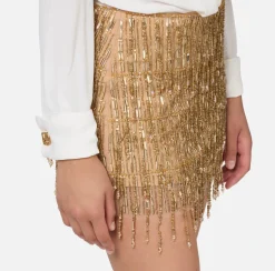 Elisabetta Franchi Red Carpet Dresses|Mini Dresses|Shirt mini-dress with sequin-embroidered skirt Ivory/Gold