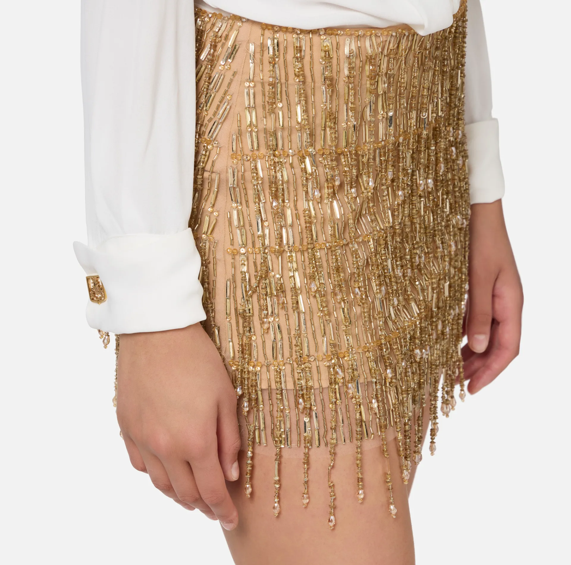 Elisabetta Franchi Red Carpet Dresses|Mini Dresses|Shirt mini-dress with sequin-embroidered skirt Ivory/Gold
